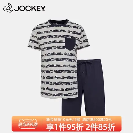 Jockey居可衣男士家居服套装棉质短袖短裤睡衣两件套舒适休闲条纹图片