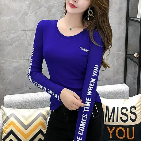 女装2024新款潮春秋时尚印花T恤女长袖弹力网纱上衣修身百搭打底商品大图