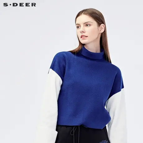 sdeer圣迪奥2019秋装女装蓝白撞色拼接喇叭袖高领毛衣S19183514图片