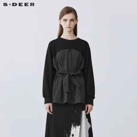 sdeer圣迪奥休闲圆领格纹拼接收腰长袖卫衣外套S21362204图片