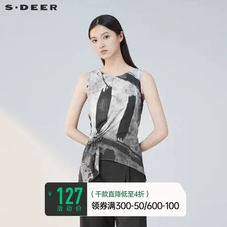 sdeer圣迪奥夏季短袖t恤女水墨印花无袖雪纺TS20280310图片