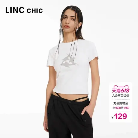 LINCCHIC金羽杰短袖女T恤夏摩登复古截短修身T恤女S242TS194Y图片