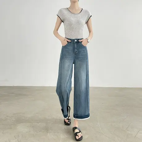 莱赛尔天丝棉蕾丝花边拼接牛仔裤女夏季薄款直筒九分翻边阔腿裤子商品大图