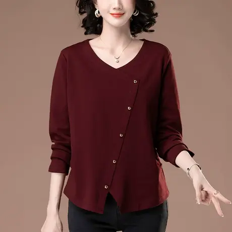 长袖t恤女春秋款大码女装宽松中老年妈妈V领遮肚子显瘦外穿打底衫图片