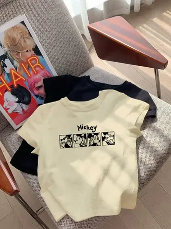 夏日多巴胺纯棉正肩短袖T恤女日系复古印花设计感修身显瘦短上衣商品大图