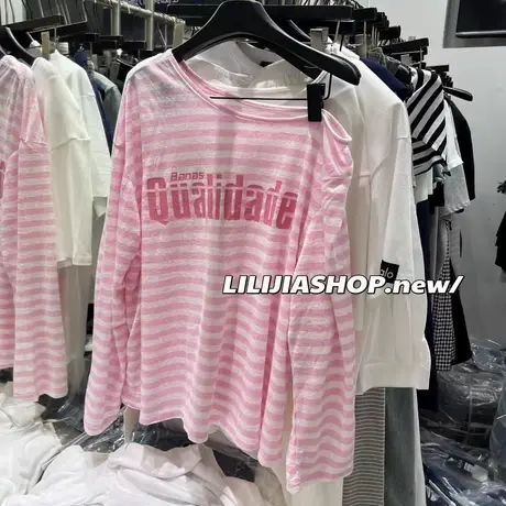 韩国东大门夏季新款字母印花多巴胺条纹宽松斜肩长袖T恤防晒上衣商品大图