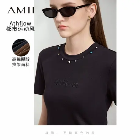 Amii2025夏新款极简休闲百搭纯色短款修身醋酸拉架高弹T恤女商品大图