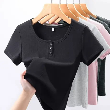 KWV真维斯黑色辣妹修身上衣正肩内搭打底衫短袖t恤女2025新款爆款商品大图