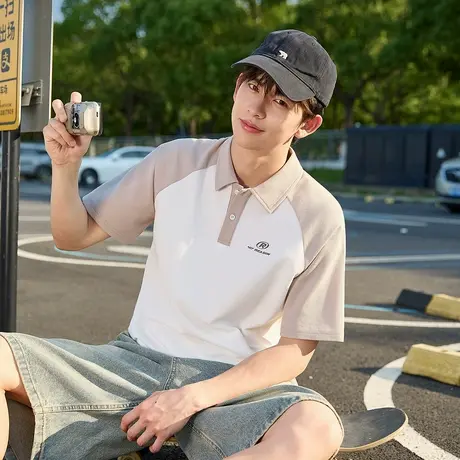 唐狮夏季新款男短袖Polo衫插肩袖拼接撞色翻领上衣宽松T恤男官方图片