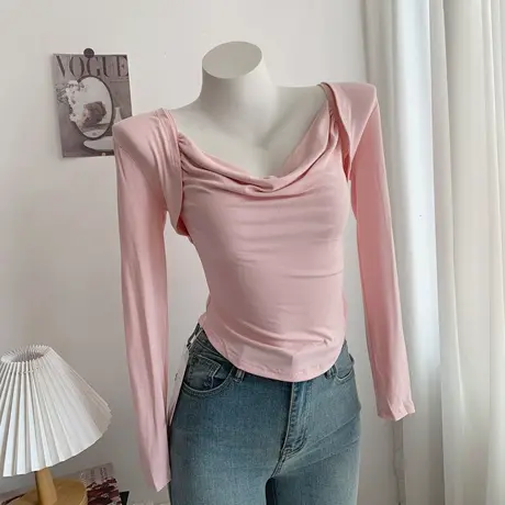 纯欲性感女人味长袖t恤两件套荡领吊带上衣+坎肩短款小外套开衫图片