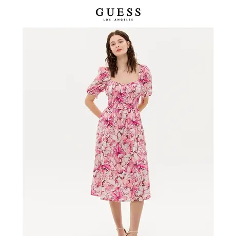 【38上新季】GUESS女方形领泡泡袖蝴蝶印花茶歇法式连衣裙商品大图