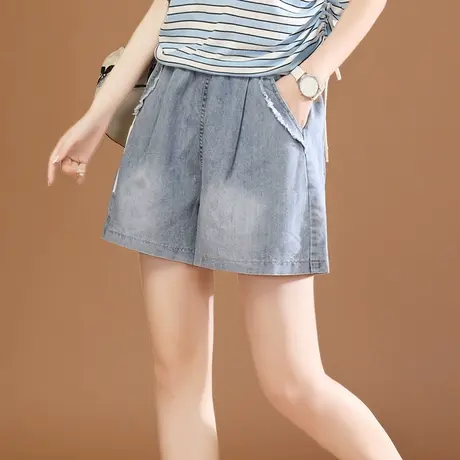 韩潮袭人松紧腰休闲宽松牛仔短裤女2024夏新款磨白阔腿运动裤薄款商品大图