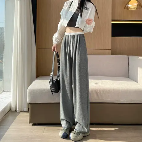 美式阔腿卫裤女2025年新款春秋直筒高腰软糯垂感宽松休闲运动裤子图片