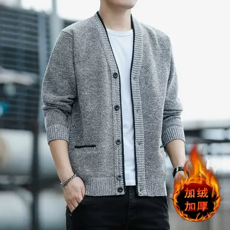 针织毛衣开衫男2025秋冬季新款加绒加厚休闲百搭V领潮牌男装外套商品大图