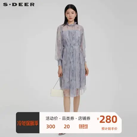 S·🏗DEER圣迪奥女装木耳边圆领碎花收腰网纱连衣裙S223Z129L商品大图