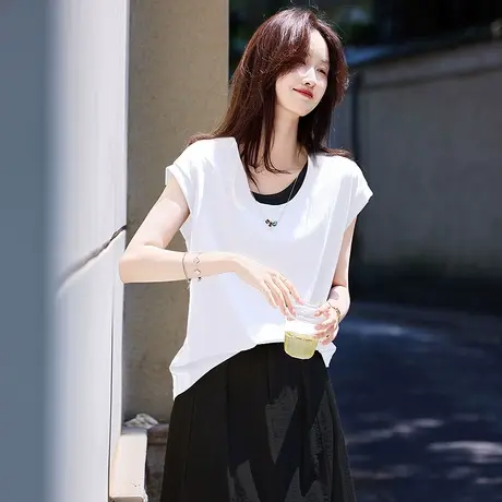 时尚短袖T恤2025年夏季新款女拼接撞色休闲简约套头百搭通勤上衣商品大图