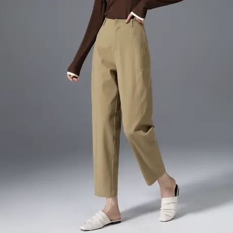 天丝棉裤子女春秋高腰宽松遮胯咖色锥形哈伦裤松紧腰九分休闲西裤商品大图