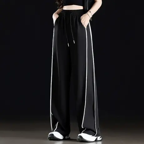 黑色裤子运动裤休闲裤2025新款夏天薄款直筒冰丝阔腿裤宽松垂坠感图片