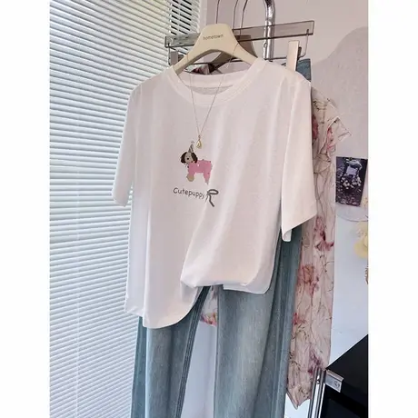 凉爽宽松显瘦青春减龄小狗卡通印花雪花棉白色短袖T恤女夏季上衣商品大图