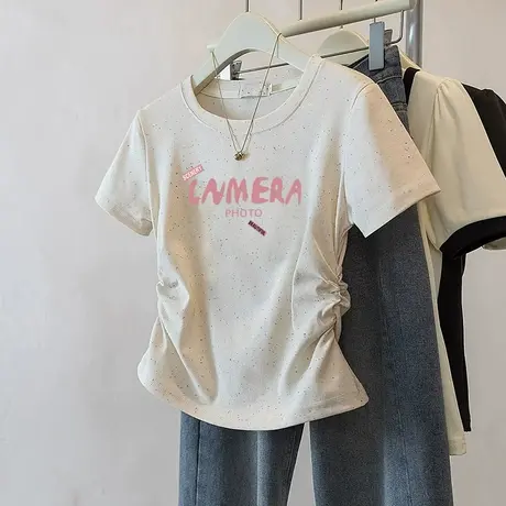 甜妹风彩虹波点褶皱收腰短袖t恤女2025夏季新款正肩圆领短款上衣图片