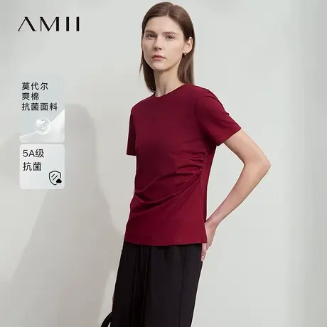 Amii2025夏新款休闲圆领莫代尔棉抗菌短袖T恤女碎褶微收腰上衣商品大图