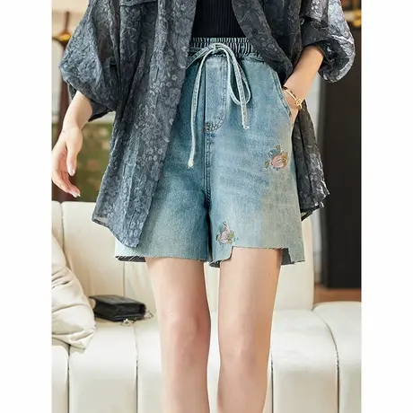 宝诗黎松紧腰刺绣蓝色牛仔短裤2025夏季宽松阔腿休闲百搭直筒裤女图片