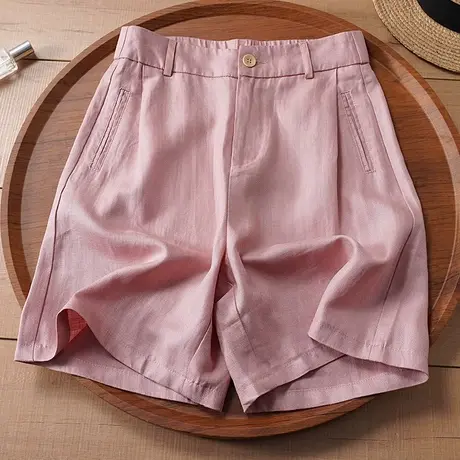 拉夏贝尔粉色亚麻阔腿裤五分裤女夏季薄款2025新款小个子棉麻短裤商品大图