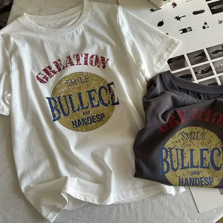 美式复古做旧印花短袖T恤女2025夏宽松显瘦百搭休闲圆领正肩上衣商品大图