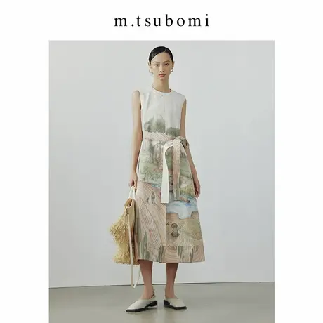 子苞米印花无袖圆领长款连衣裙2024年春新款收腰A摆设计感裙子女商品大图