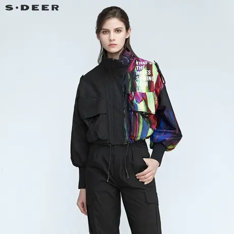 sdeer圣迪奥春秋装酷感立领字母印花罗纹短款外套女S21182207图片