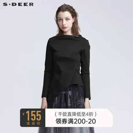 sdeer圣迪奥秋装时尚圆领拼接不规则长袖T恤女S22180218图片