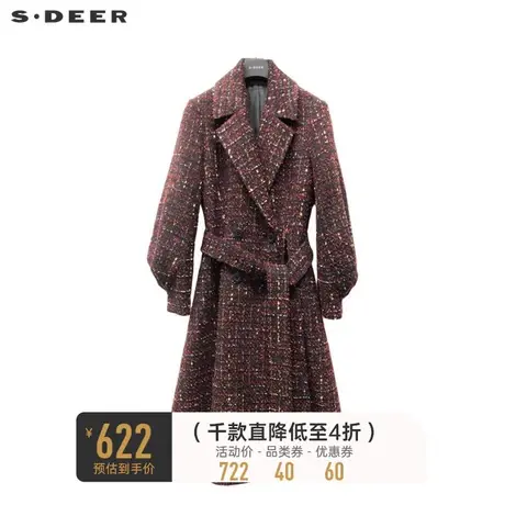 sdeer圣迪奥女装休闲西装领收腰格子长款大衣S224Z25C4图片