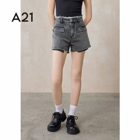 A21女装合体弹力高腰小直筒牛仔短裤夏季新款复古潮牌三分裤女生商品大图