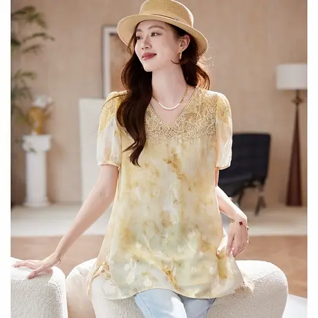 宝诗黎V领蕾丝拼接短袖雪纺衫2025夏季洋气宽松大码休闲印花小衫商品大图