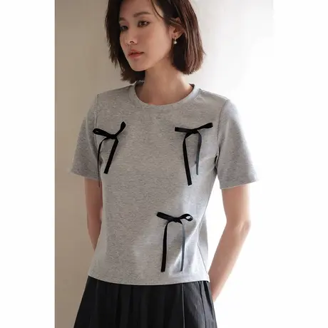 弥古灰色短袖蝴蝶结t恤女高级感夏季法式小众不撞款上衣休闲女装图片
