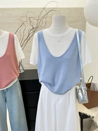 韩国2024夏季新款时尚宽松拼接假两件设计简约百搭短袖针织衫上衣商品大图