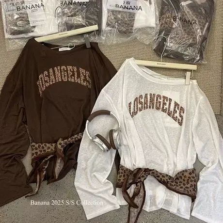 夏季美式时髦豹纹字母印花露肩防嗮长袖T恤女大版透气薄款上衣潮商品大图