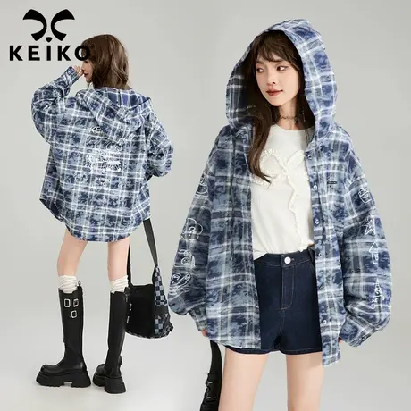 KEIKO 迷彩格子长袖衬衫外套女2025春季美式复古印花休闲连帽上衣图片