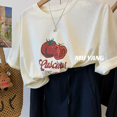 番茄物语~醒目撞色西红柿凉感百搭短袖T恤女雪花棉休闲圆领上衣夏商品大图