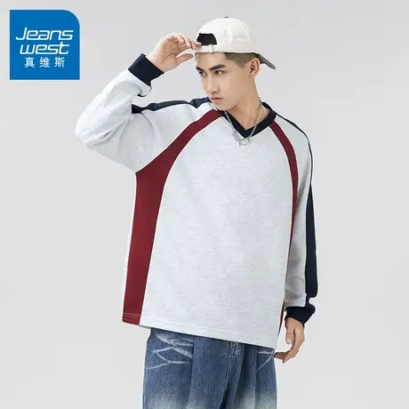 N5真维斯男士圆领卫衣2025秋季新款美式宽松撞色长袖男生春秋上衣商品大图