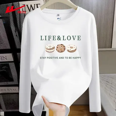 回力白色纯棉长袖t恤女2025春秋季新款宽松百搭设计感上衣打底衫商品大图