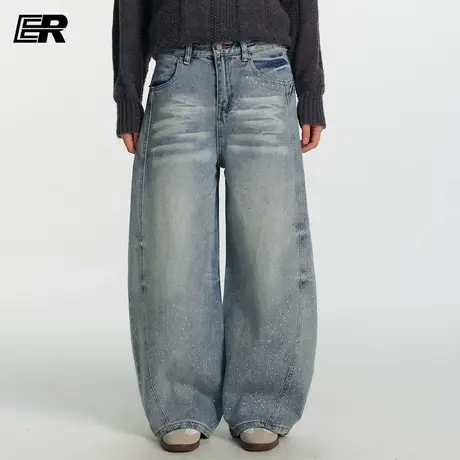 ER星光闪闪牛仔裤2025秋季水洗做旧高级弯刀裤oversize阔腿裤男女商品大图