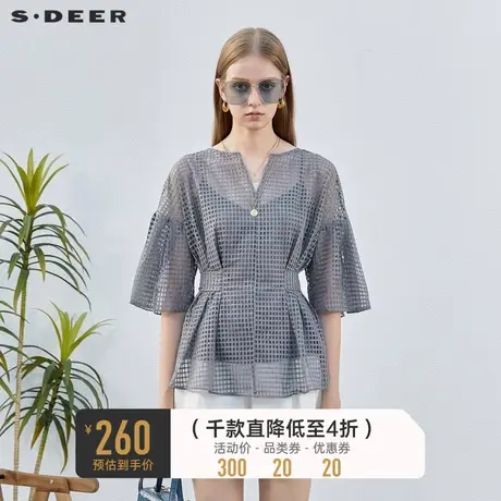 sdeer圣迪奥女装V领格子收腰吊带两件套短袖衬衫S232Z0475🦒商品大图