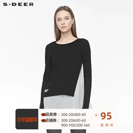 sdeer 🏝圣迪奥罗纹圆领字母贴布肌理拼接开衩长袖上衣S19480213商品大图