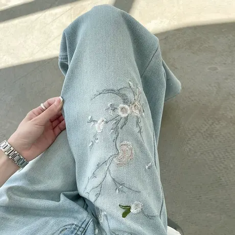 九分国风新中式刺绣绣花小个子牛仔裤女夏季薄款大码直筒阔腿裤子商品大图