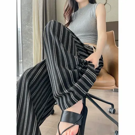 时尚休闲长裤2025年夏季新款女竖条纹宽松百搭休闲直筒阔腿长裤商品大图