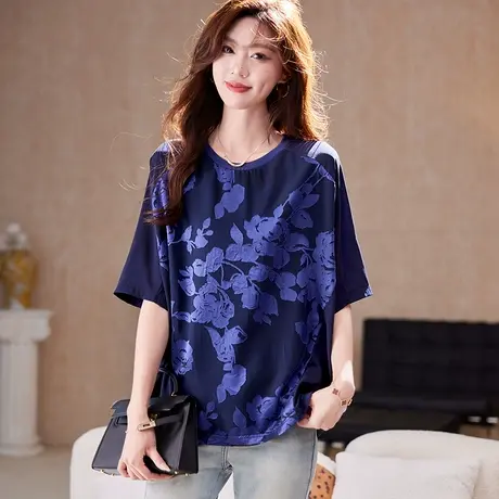 宝诗黎蝙蝠袖提花拼接雪纺衫2025夏季时尚洋气宽松百搭大码女装图片