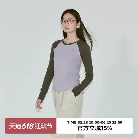omont蛋挞家 复古圆领撞色插肩袖T恤女春季修身显瘦内搭长袖上衣商品大图