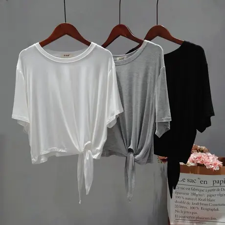 夏季宽松短袖莫代尔T恤女不规则打结系带舞蹈服运动瑜伽短款上衣图片