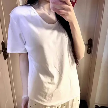白色U领正肩短袖T恤女夏季韩版内搭宽松打底衫慵懒风纯棉半袖上衣图片